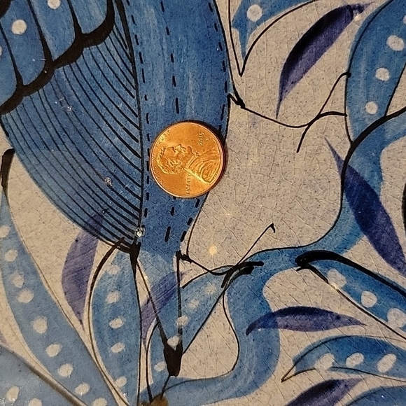 Vtg, Tonala Mexican Folk Art, Large Serving Plate, Bird, Blue, Artist Signed - Picture 8 of 12